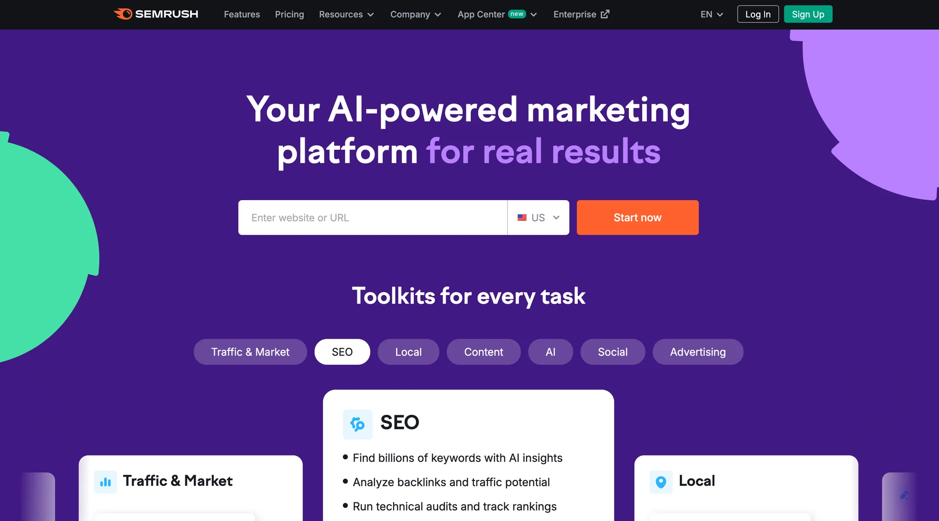 Screenshot of Semrush's homepage