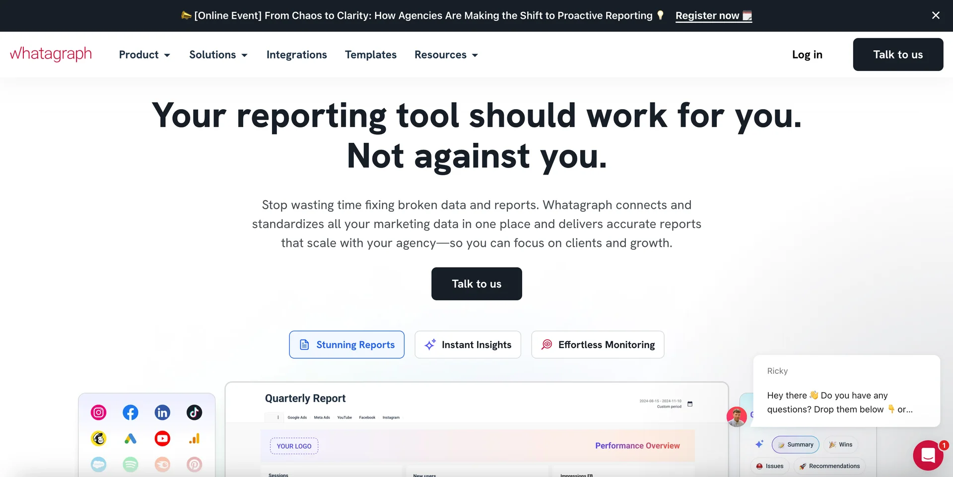 Screenshot of Whatagraph's homepage