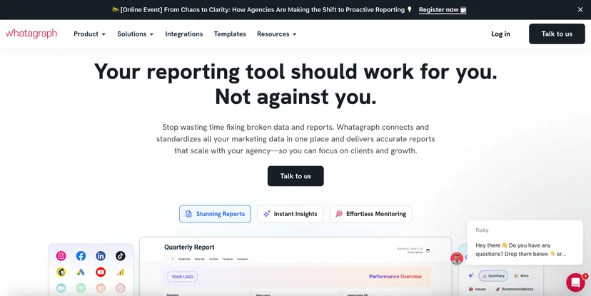 Screenshot of Whatagraph's homepage
