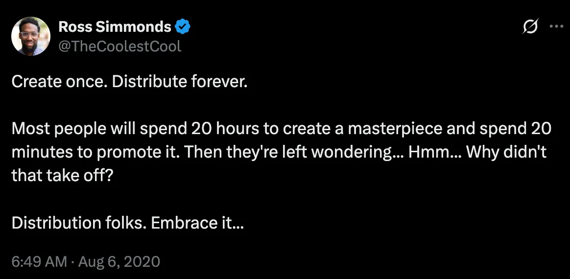 Tweet from Ross Simmonds on the importance of repurposing content