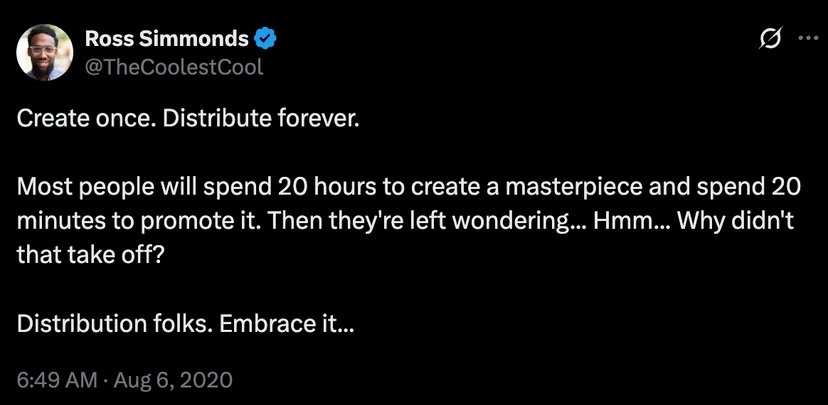 Tweet from Ross Simmonds on the importance of repurposing content