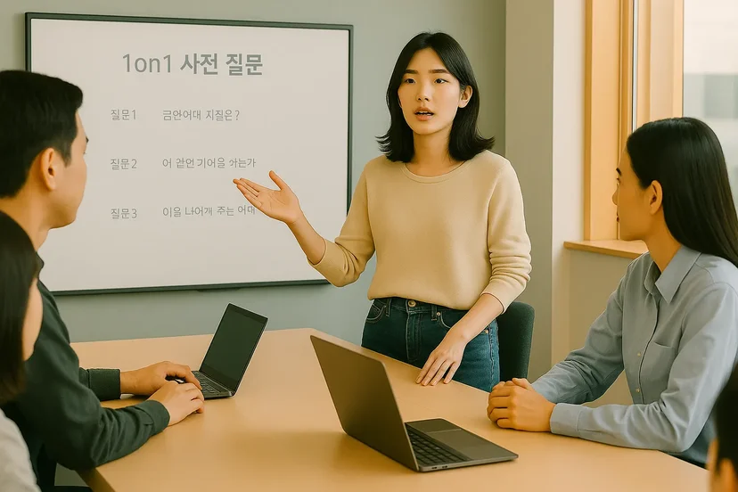 on1 사전 질문을 전사회의에서 공유하는 문우리 대표님
