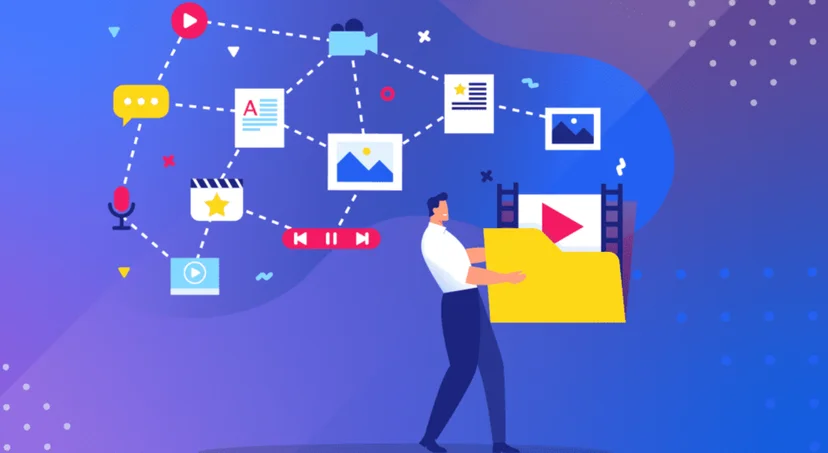 Man organizing multimedia content for digital distribution