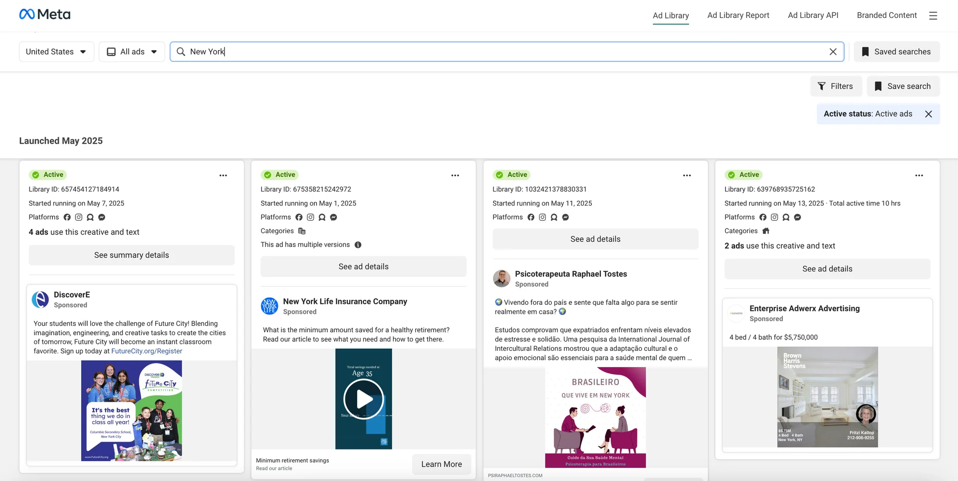 Screenshot of Facebook Ad Library search results for New York ads