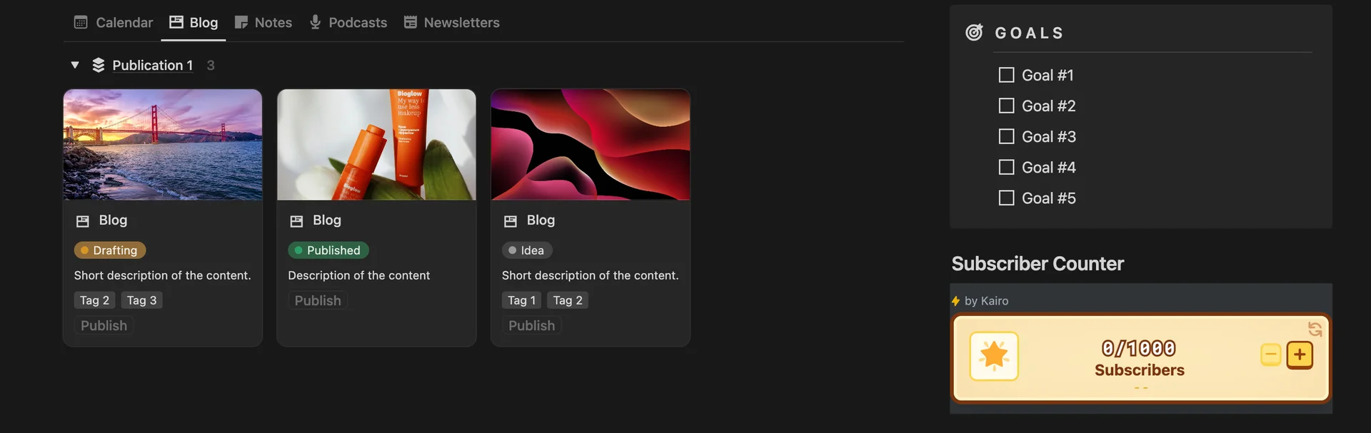 ditorial calendar tracking blog ideas, drafts, and publishing