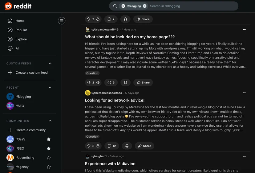 Reddit thread about blogging setup and monetization advice