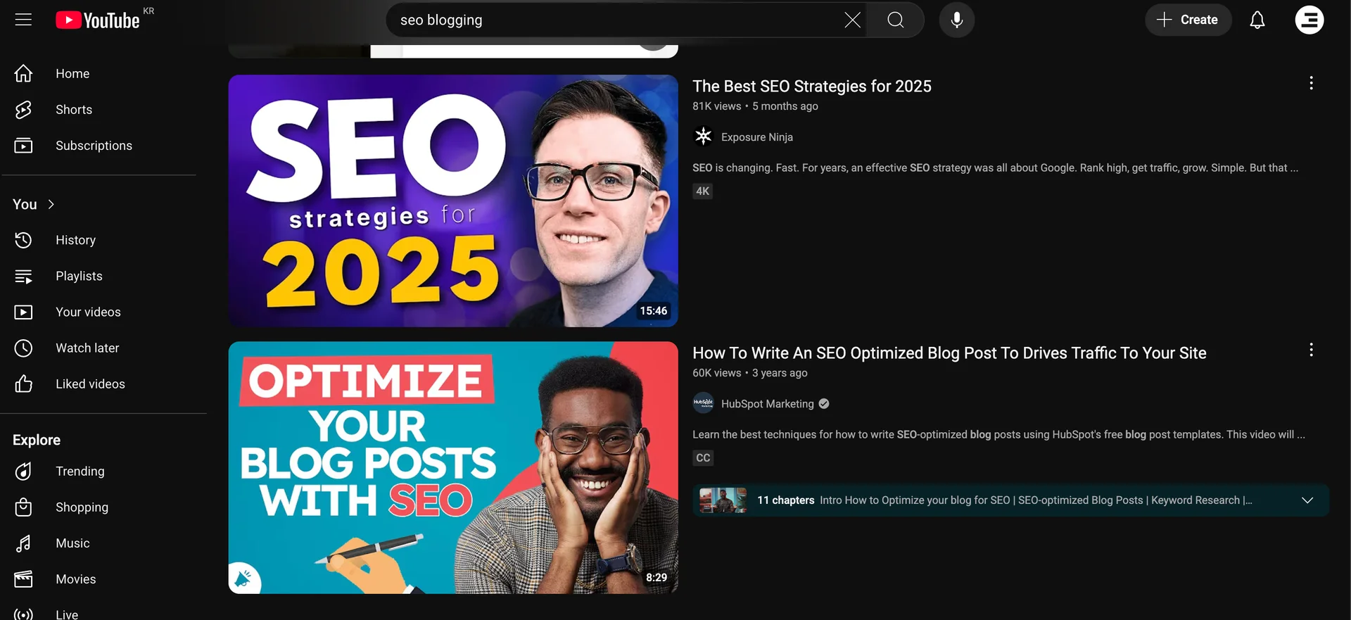 Search results showing SEO content tips from experts