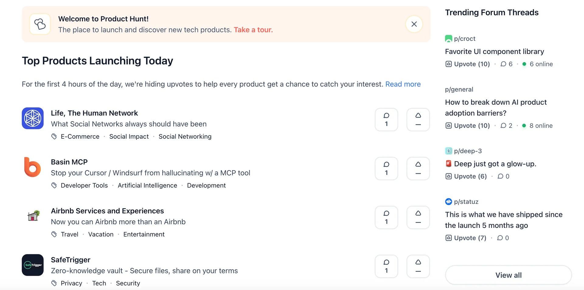 Product Hunt page showing top tech launches and trending threads