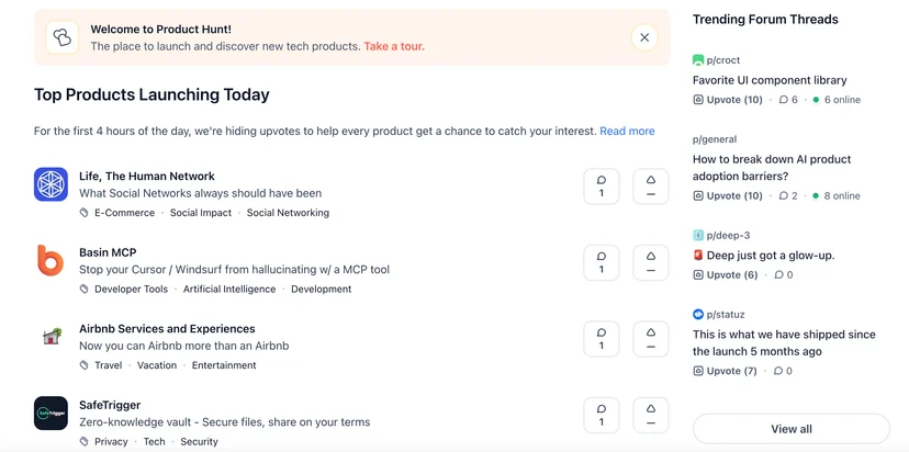 Product Hunt page showing top tech launches and trending threads