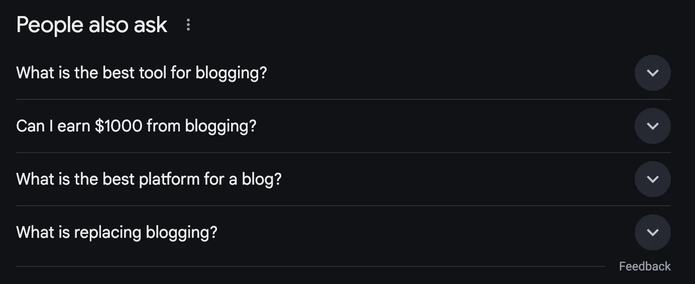 Google People Also Ask results for blogging tools and platforms