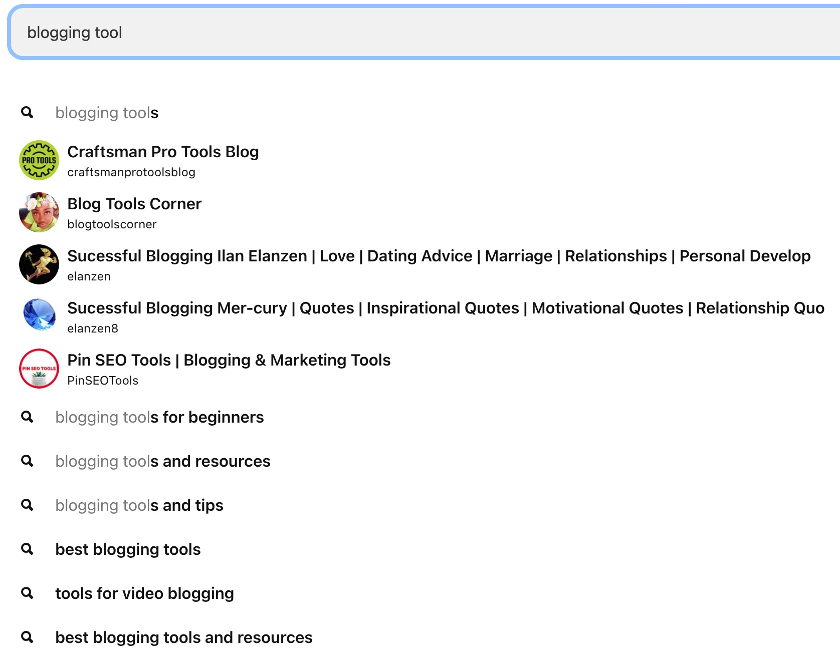Search bar showing Pinterest channels and queries on blogging tools