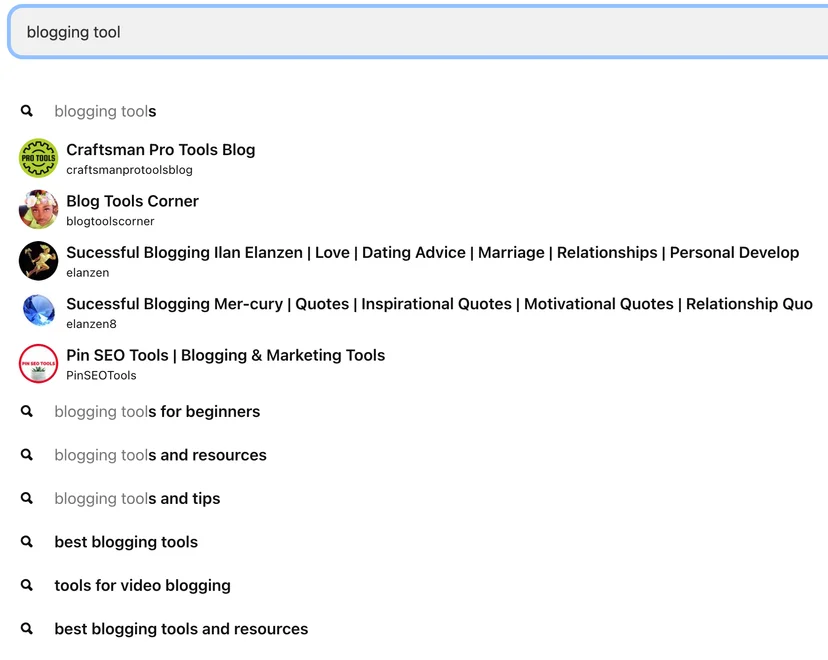 Search bar showing Pinterest channels and queries on blogging tools