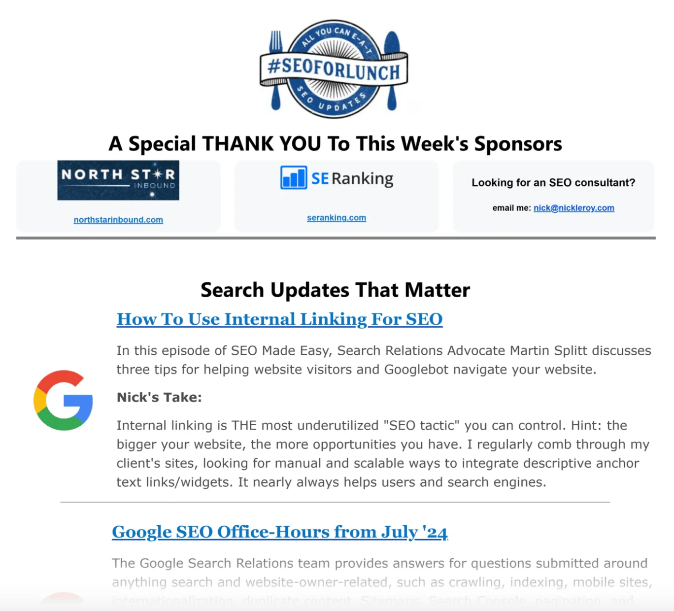Screenshot of SEO for Lunch newsletter