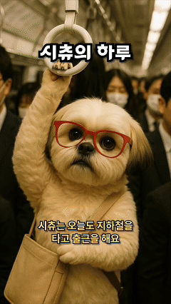 캐럿 AI로 제작한, 강아지가 직장인처럼 업무를 보는 등 '사람처럼 행동하는 동물' 영상 예시