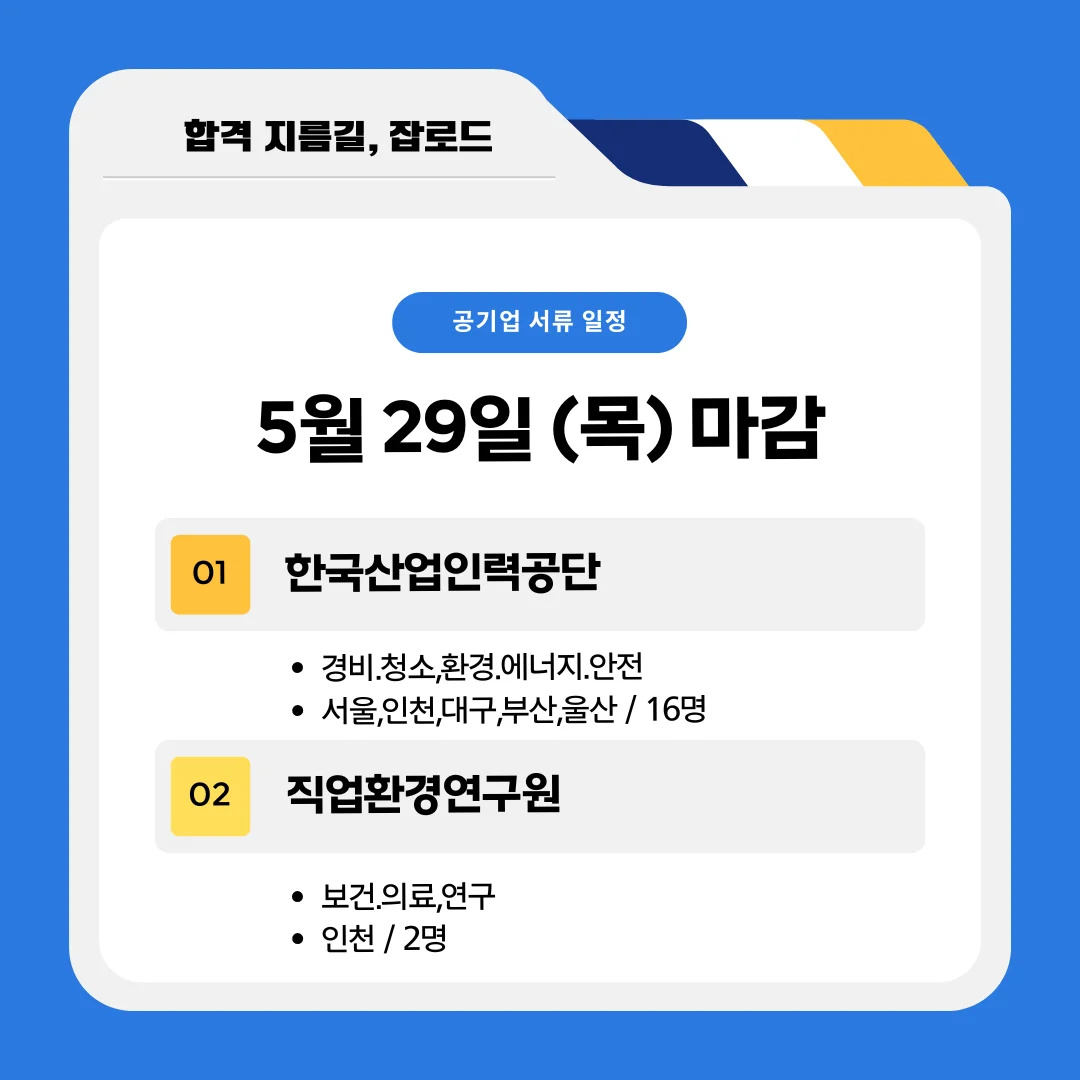 5월 공기업 채용공고(한국산업인력공단, 직업환경연구원)