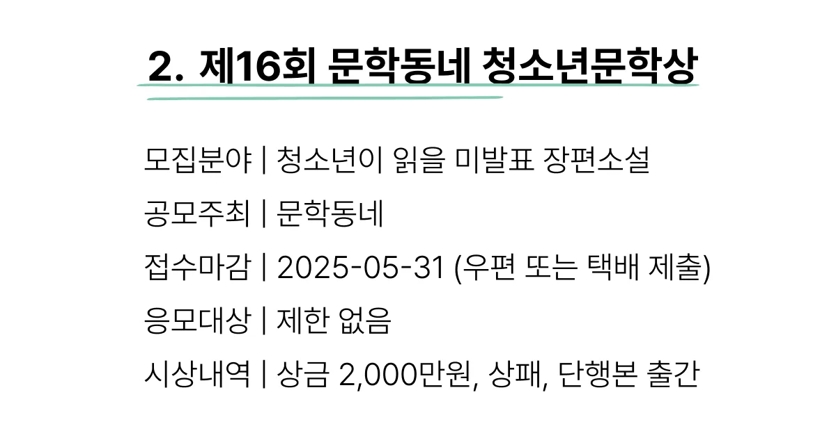 녹색 배경 상단에 “2. 제16회 문학동네 청소년문학상”이라는 제목이 굵은 글씨와 밑줄로 강조되어 있다. 모집 분야는 청소년이 읽을 미발표 장편소설이며, 주최는 문학동네. 접수 마감은 2025년 5월 31일, 응모 대상에는 제한이 없다. 시상 내역으로는 상금 2,000만 원과 상패, 단행본 출간이 기재되어 있다. 하단에는 흰 배경 위에 검은 글씨로 적힌 ‘문학동네’ 로고 이미지가 삽입되어 있다.