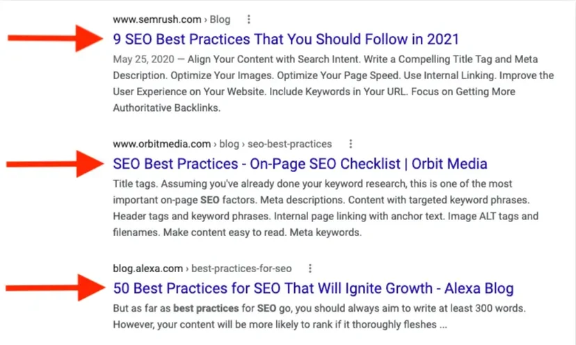 SERP example highlighting SEO headlines from top blogs