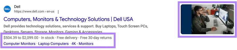 Rich snippet showing price, availability, and links (using schema markup)