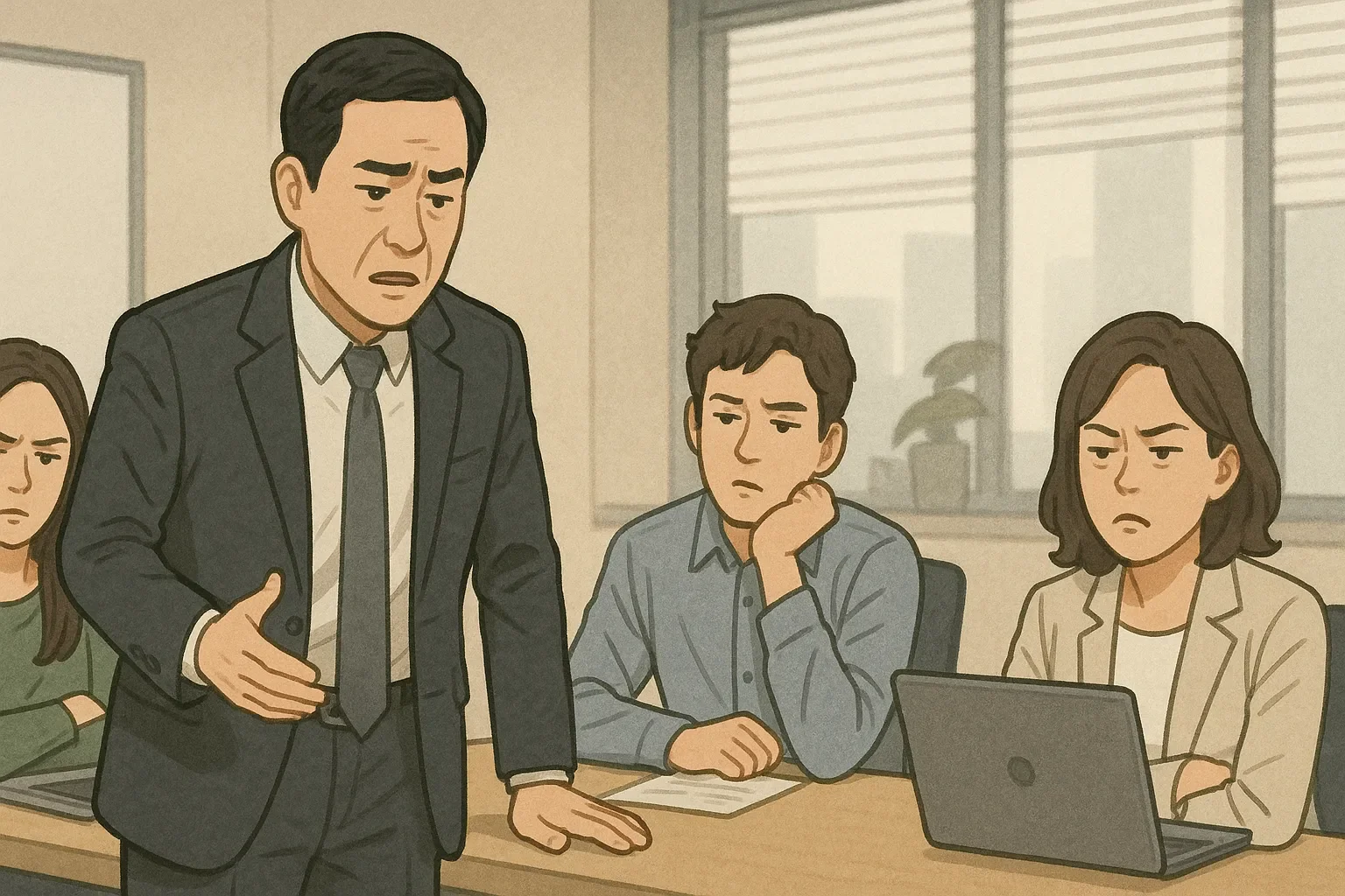 어두운 표정의 팀원들돠 꼰대 리더