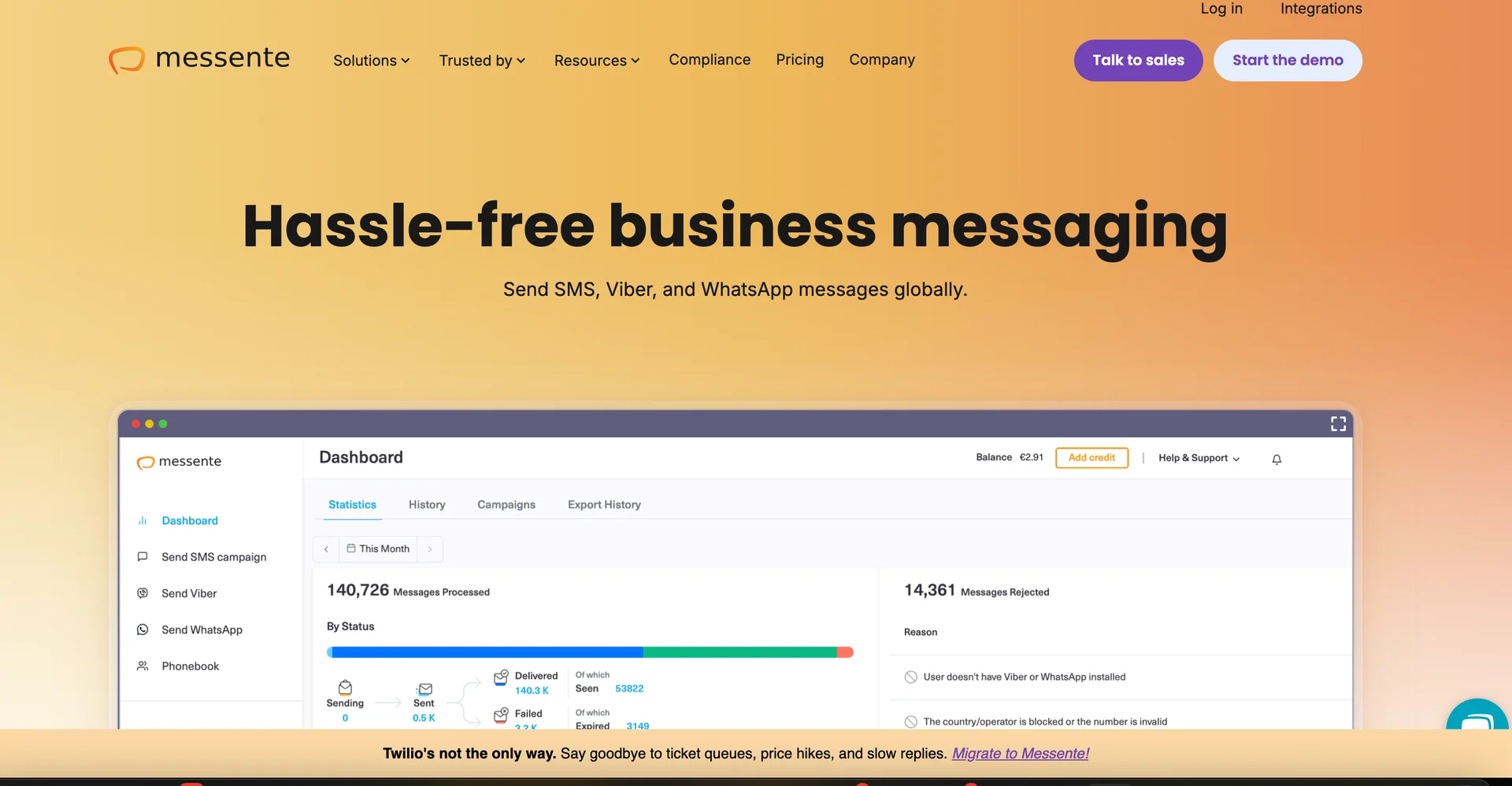 Screenshot of Messente's homepage