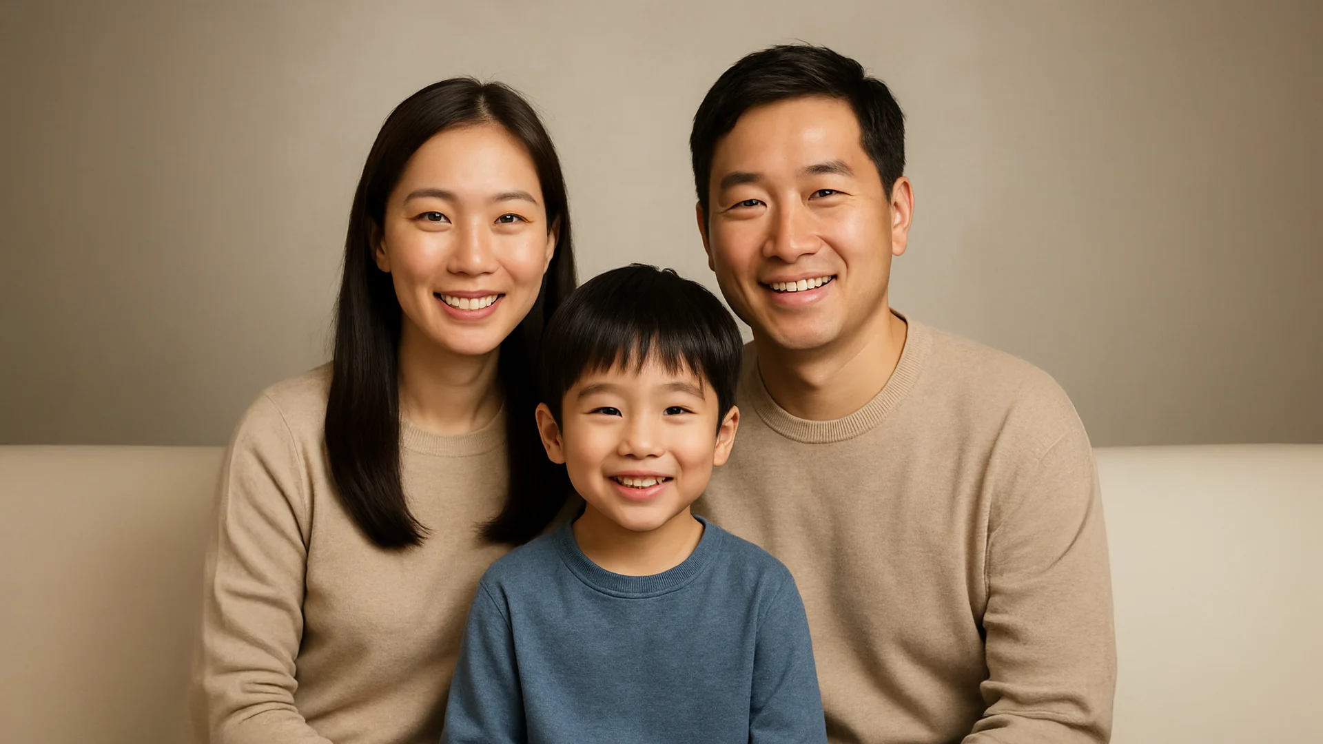 캐럿 AI로 생성한, 부모와 그들을 닮은 미래 아이가 함께 있는 따뜻한 분위기의 '미래 가족사진' 결과 이미지