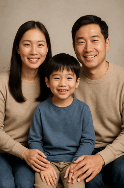 캐럿 AI로 완성된, 미래 가족 구성원들이 함께 웃고 손 흔드는 모습의 따뜻하고 생동감 넘치는 '미래 아이 예측' 애니메이션 영상