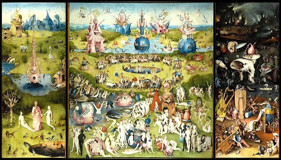 Hieronymus Bosch's The Garden of Earthly Delights triptych painting – high-resolution image of the surreal and symbolic Renaissance masterpiece depicting Eden, human pleasures, and Hell in three vivid panels