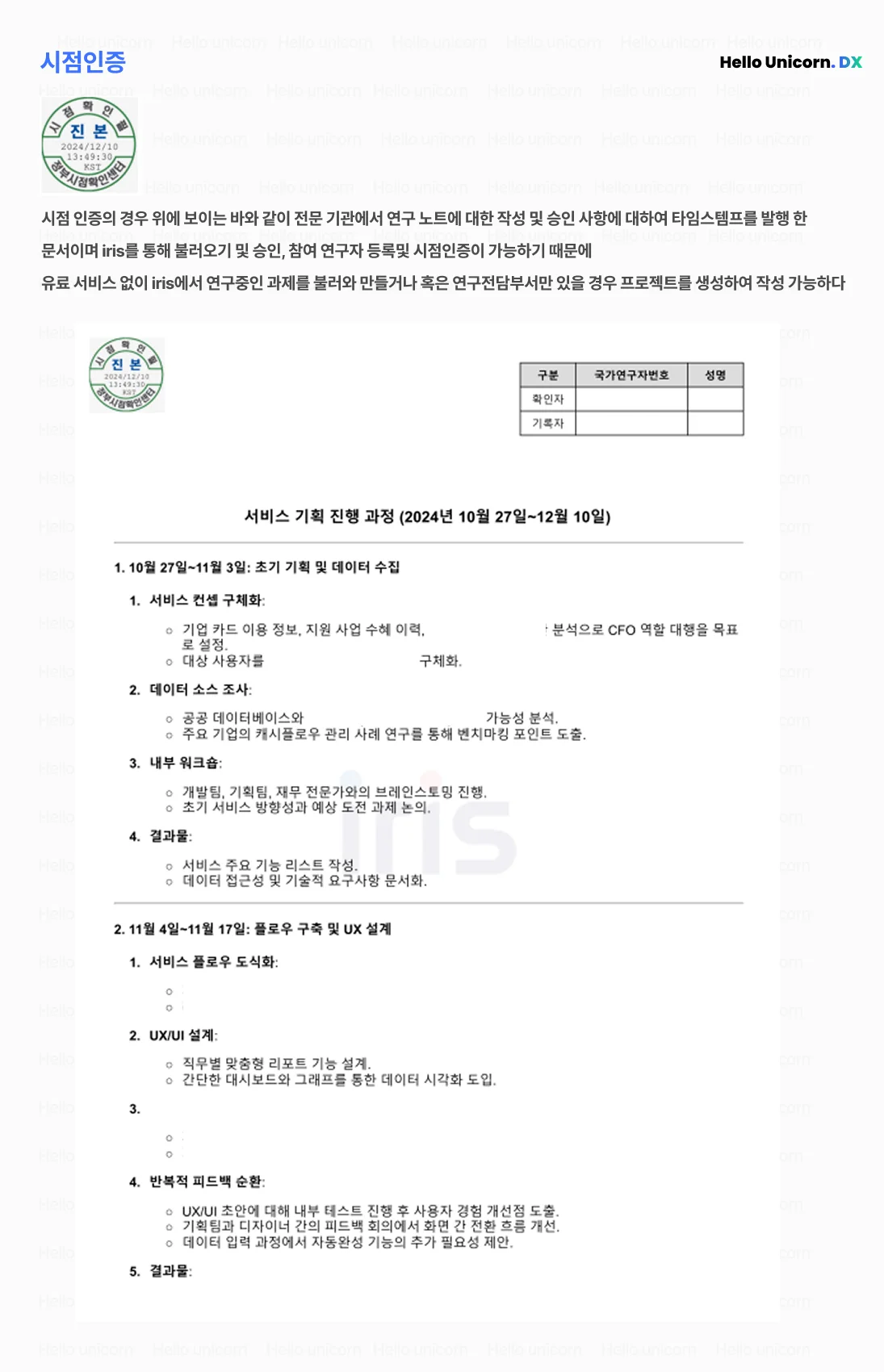 IRIS 시스템을 활용해 시점 인증이 완료된 연구노트 작성 화면. 연구자가 특정 날짜에 입력한 기록이 타임스탬프로 증명되어 지식재산 보호에 활용됩니다