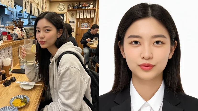 캐럿 AI로 셀카 사진이 전문가급 무료 증명사진으로 변환된 결과 이미지 (깔끔한 흰색 배경, 정장 착용)