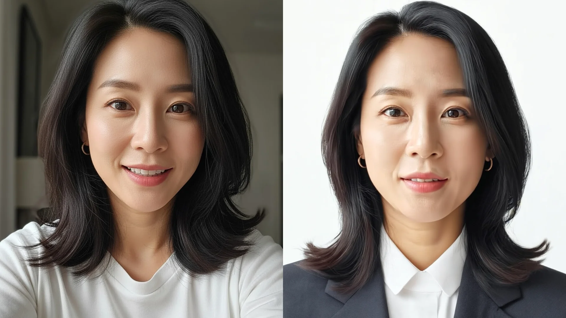 캐럿 AI로 셀카 사진이 전문가급 무료 증명사진으로 변환된 결과 이미지 (깔끔한 흰색 배경, 정장 착용)