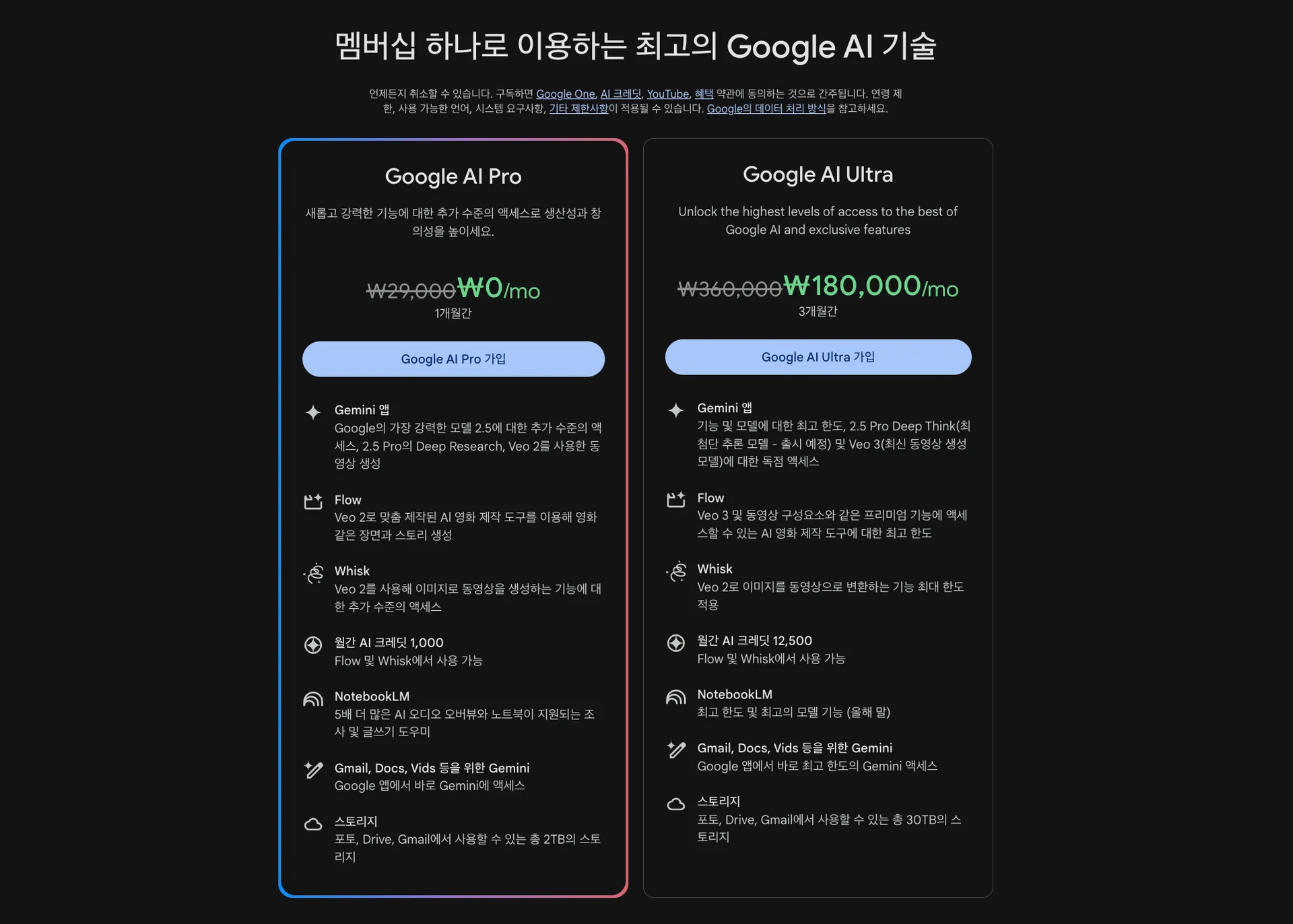 구글 VEO3 접근을 위한 Google AI Ultra 요금제($249.99/월)와 Pro 요금제($19.99/월) 비교 화면