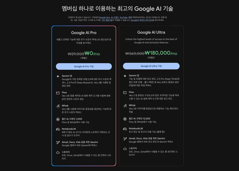 구글 VEO3 접근을 위한 Google AI Ultra 요금제($249.99/월)와 Pro 요금제($19.99/월) 비교 화면