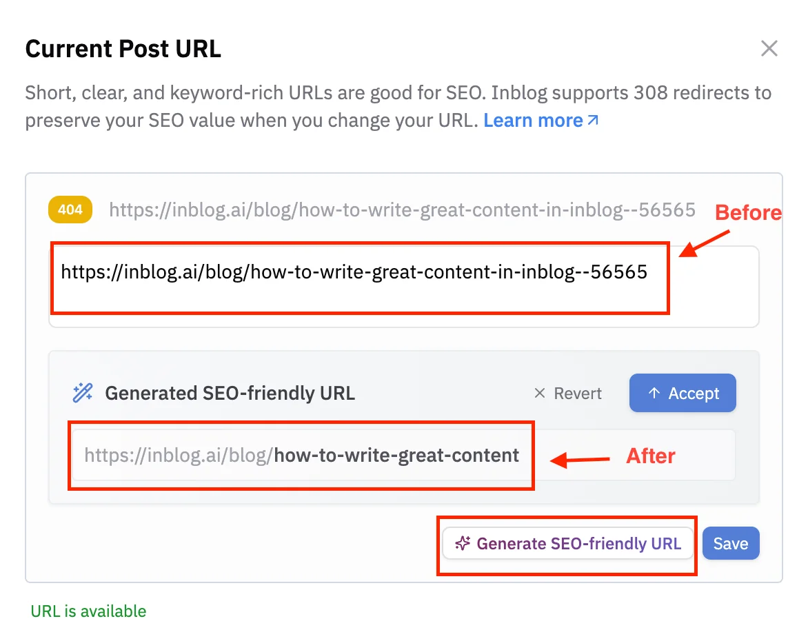 Comparison of original and SEO-friendly blog post URL in Inblog's slug optimization feature