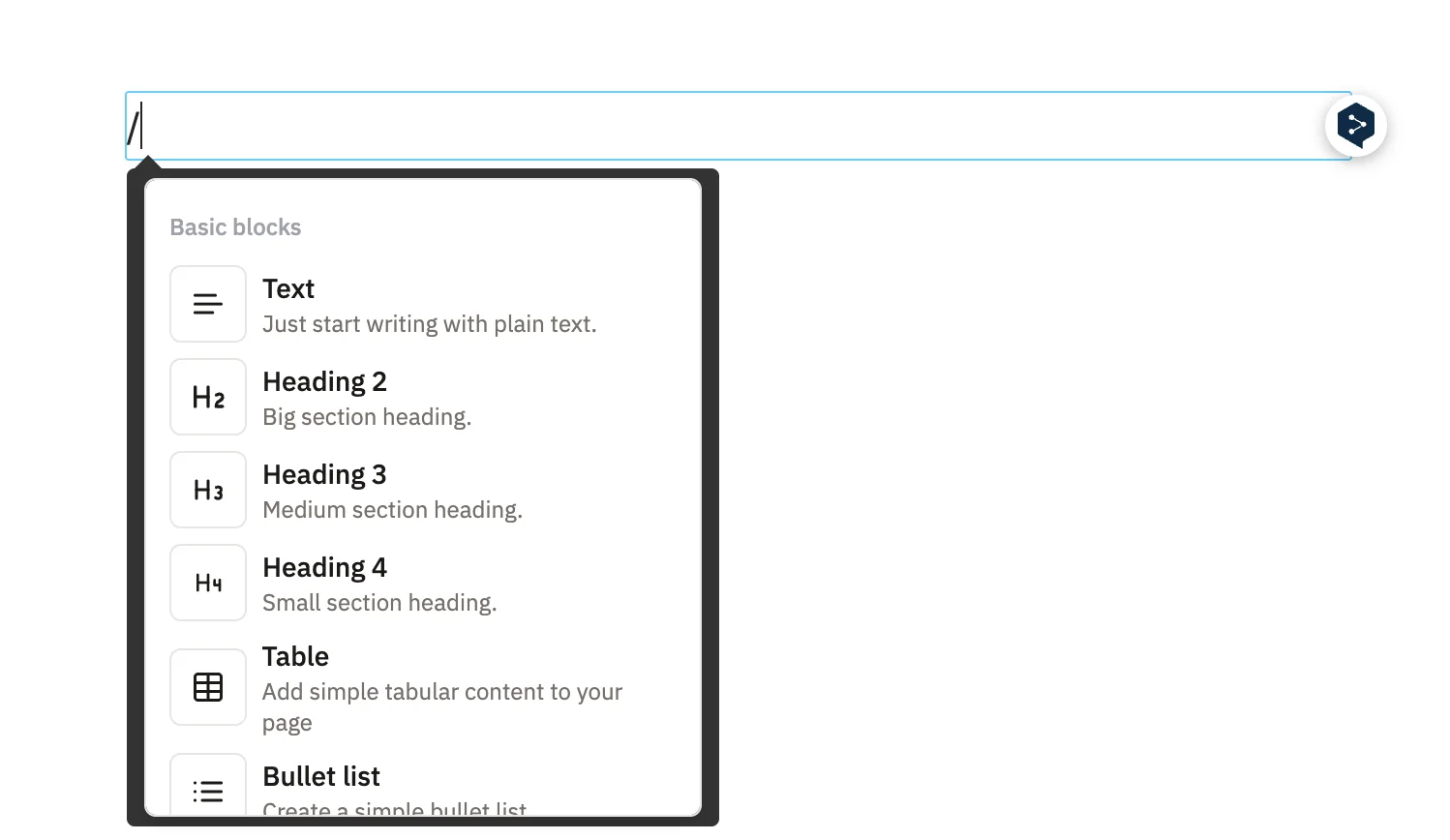 Insert block options in Inblog editor using slash command
