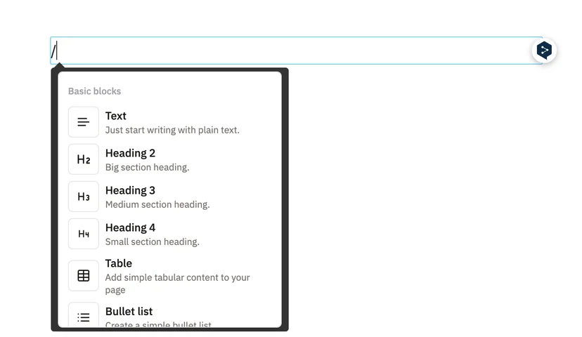 Insert block options in Inblog editor using slash command