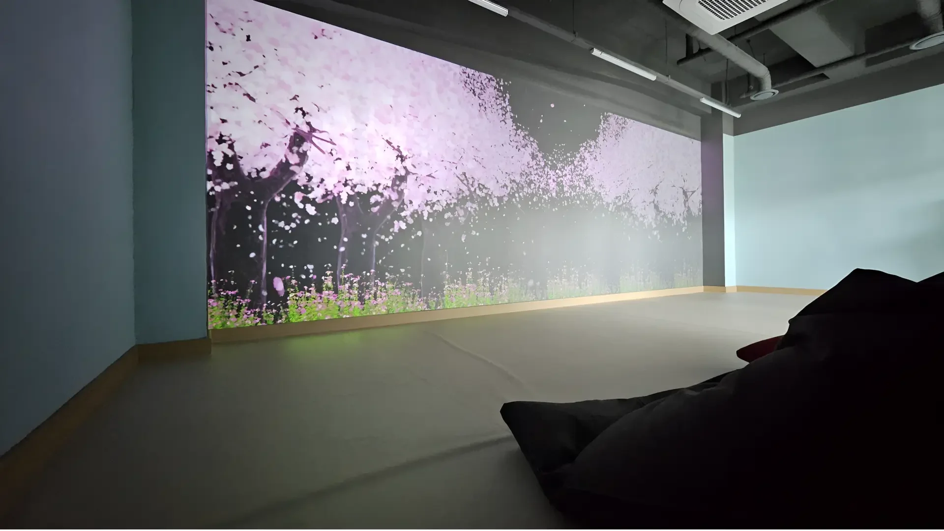 The media art wall at Lee Eun School displaying nature-themed content