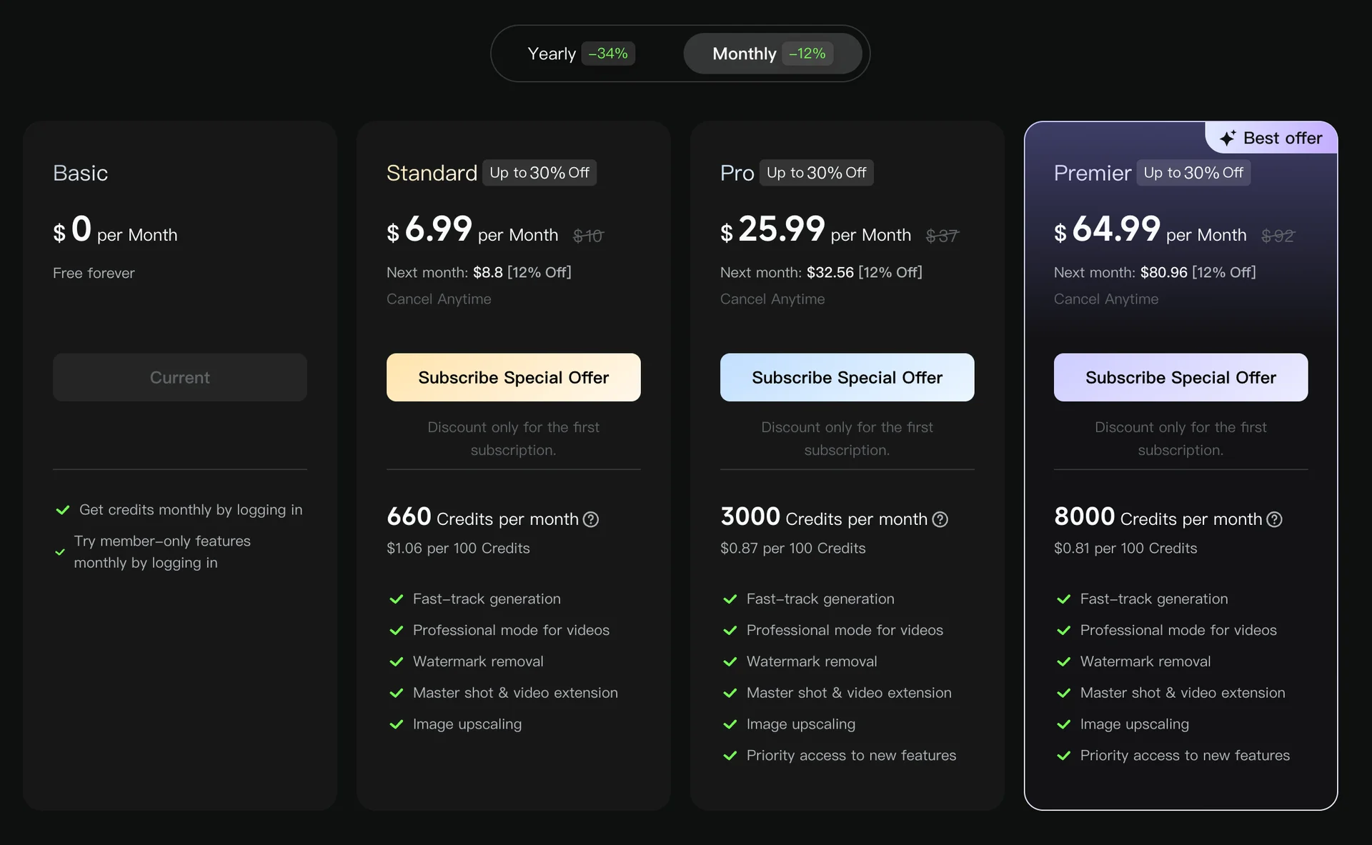Kling AI의 무료 체험 크레딧, Standard, Pro, Premier 유료 구독 플랜별 가격 및 주요 기능 비교 안내 이미지