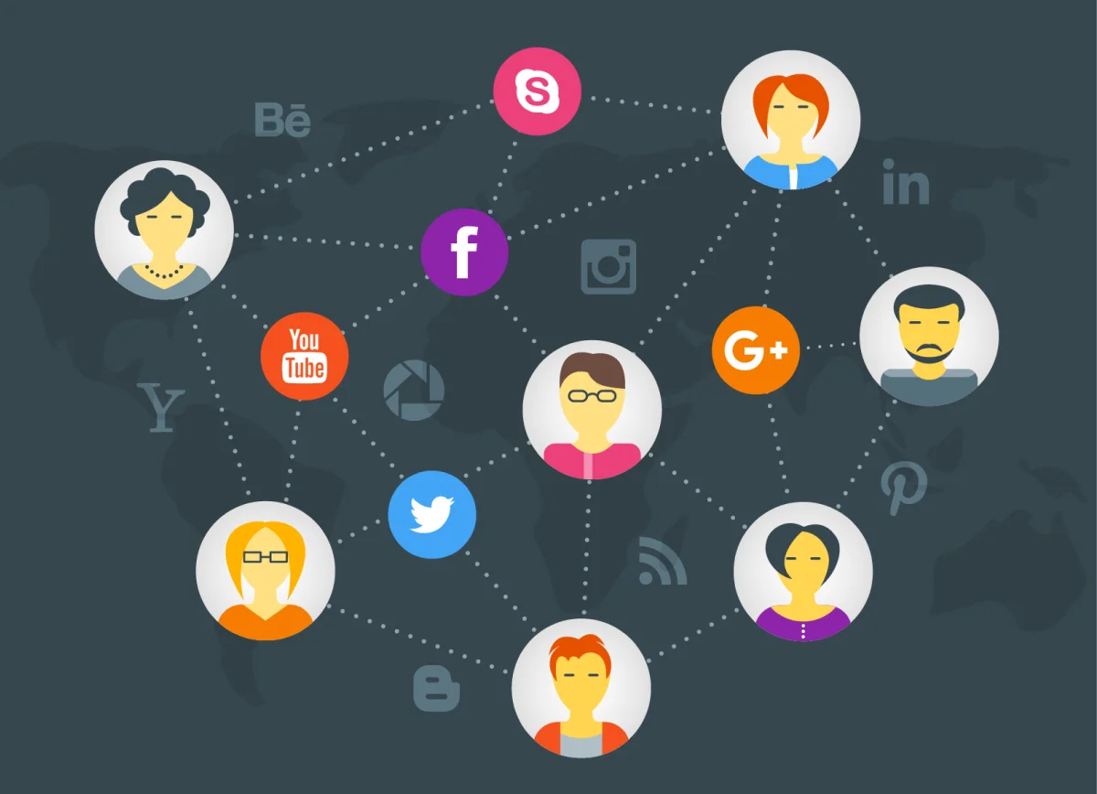 여러 명의 사람 아이콘이 YouTube, Facebook, Twitter 등 다양한 SNS 플랫폼 아이콘과 연결된 소셜 네트워크 구조를 나타낸 일러스트 이미지