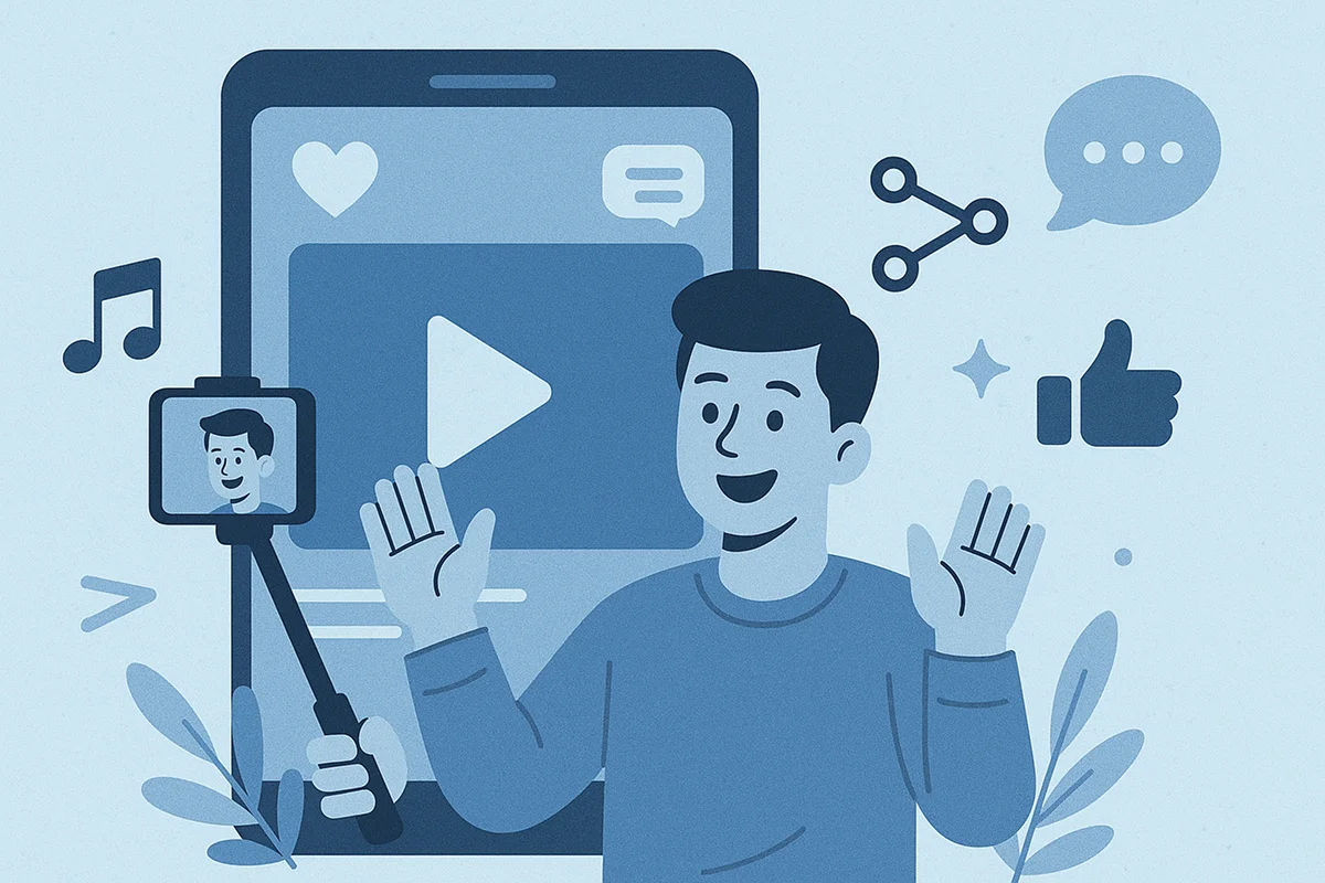 짧은 동영상 콘텐츠(숏폼)를 제작하는 사람과 SNS 아이콘(좋아요, 공유 등)을 포함한 디지털 콘텐츠 제작 이미지