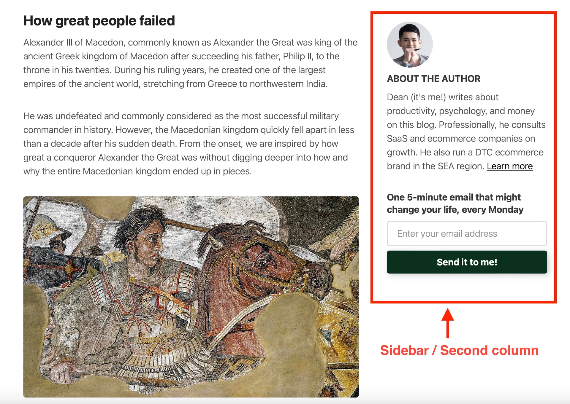 Blog layout with second column featuring author details and CTA