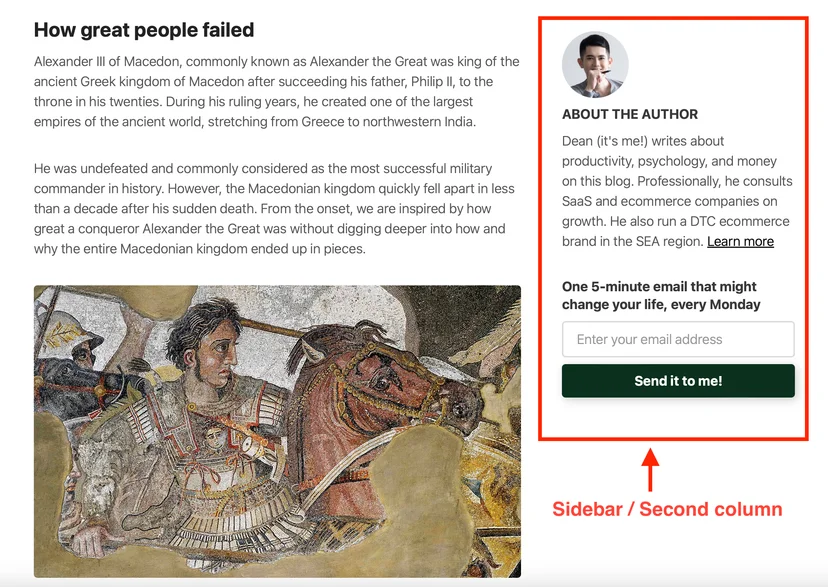 Blog layout with second column featuring author details and CTA