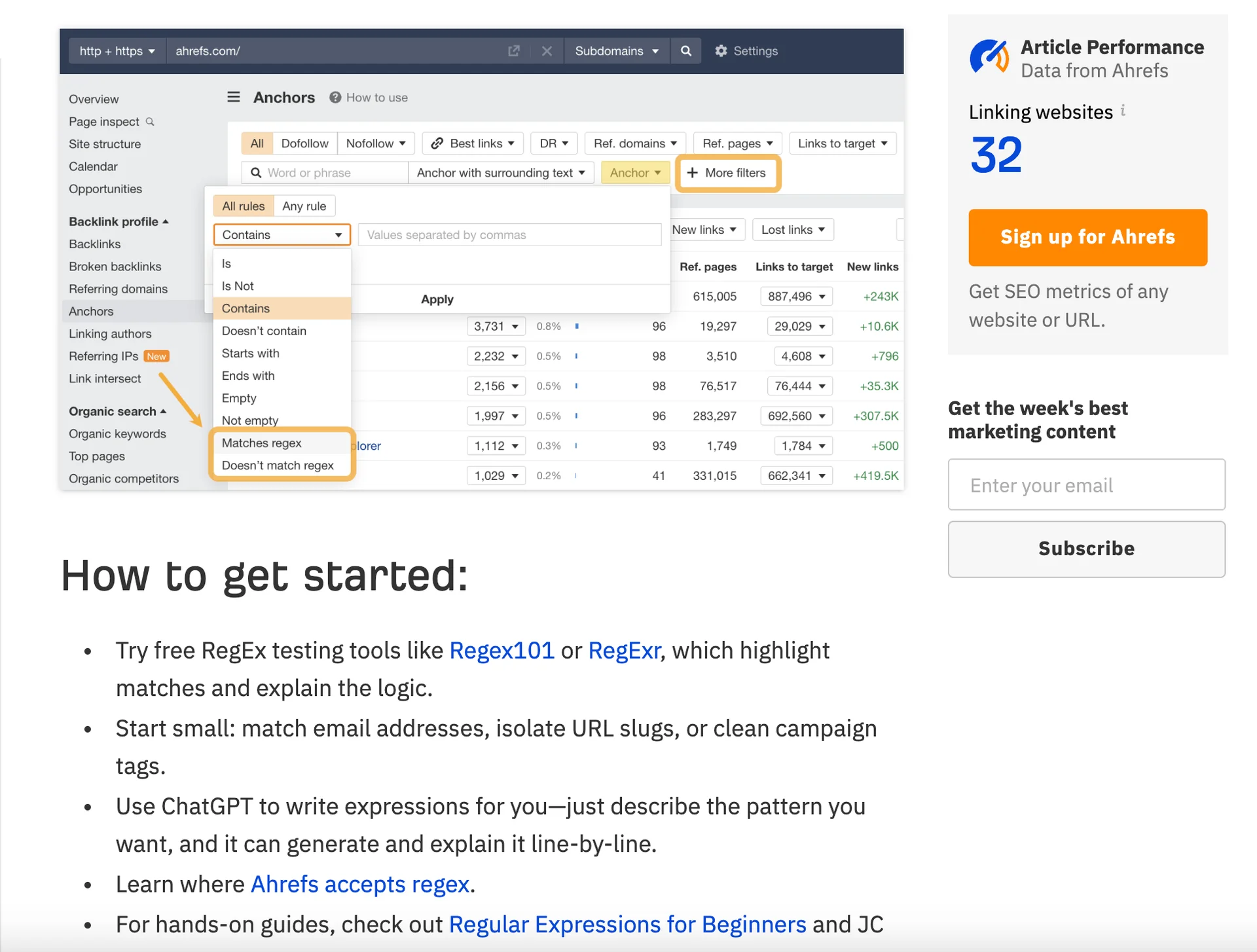 Ahrefs anchor analysis dashboard showing RegEx filtering options and link metrics