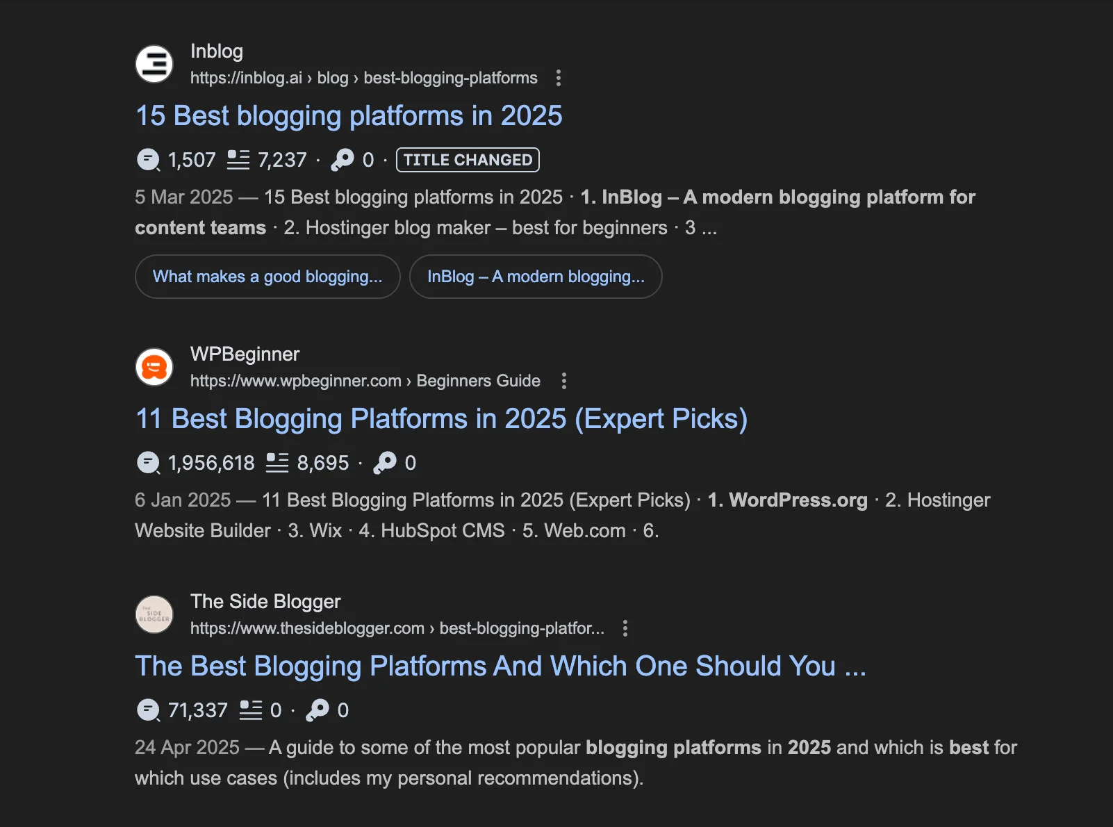 Search rankings for blogging platforms featuring Inblog and WPBeginner