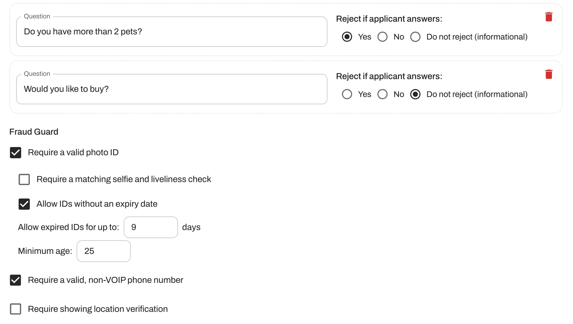 Customize your minimal rental requirements, prescreening questions and Fraud Guard options
