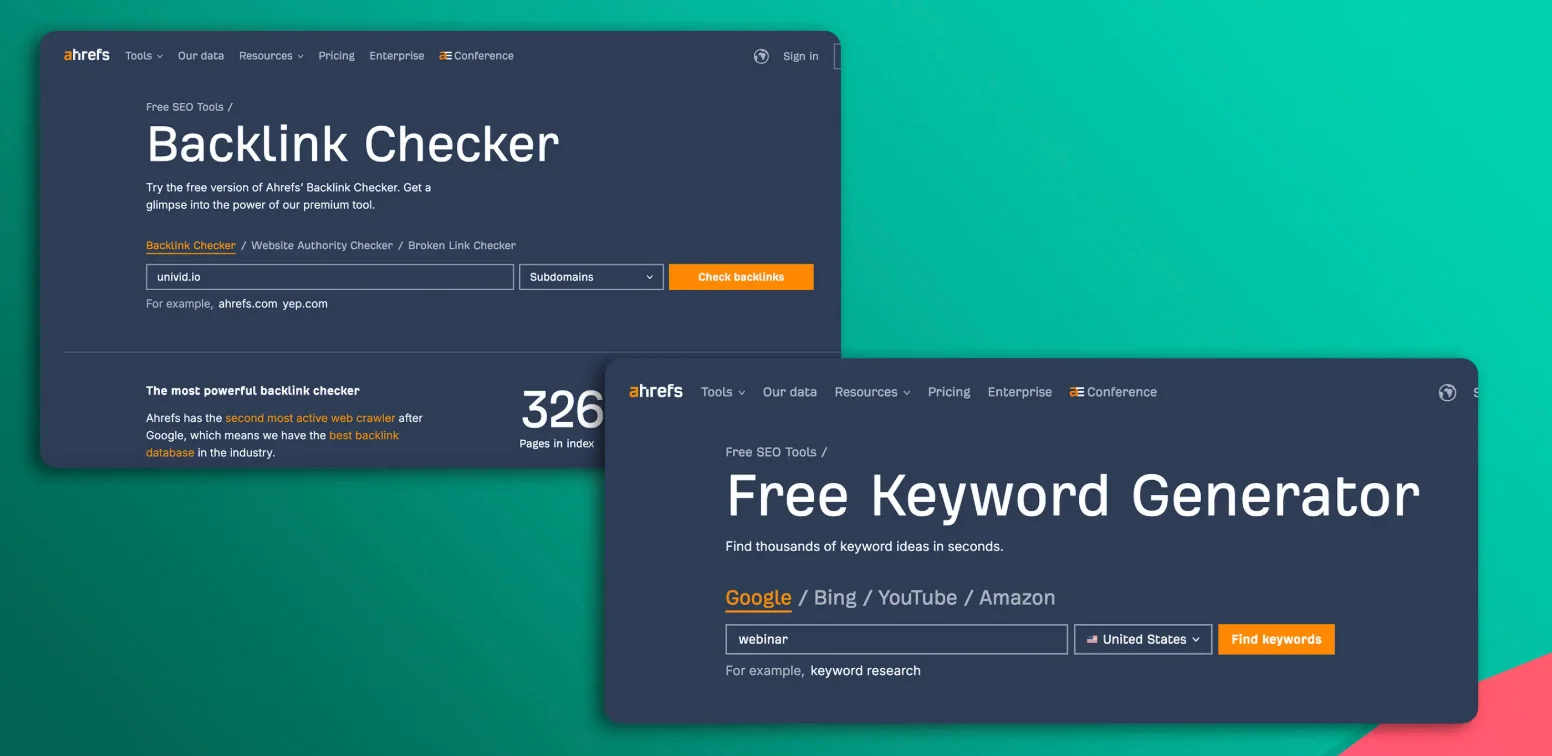 Ahrefs free SEO tools: Backlink Checker and Keyword Generator interface screenshots