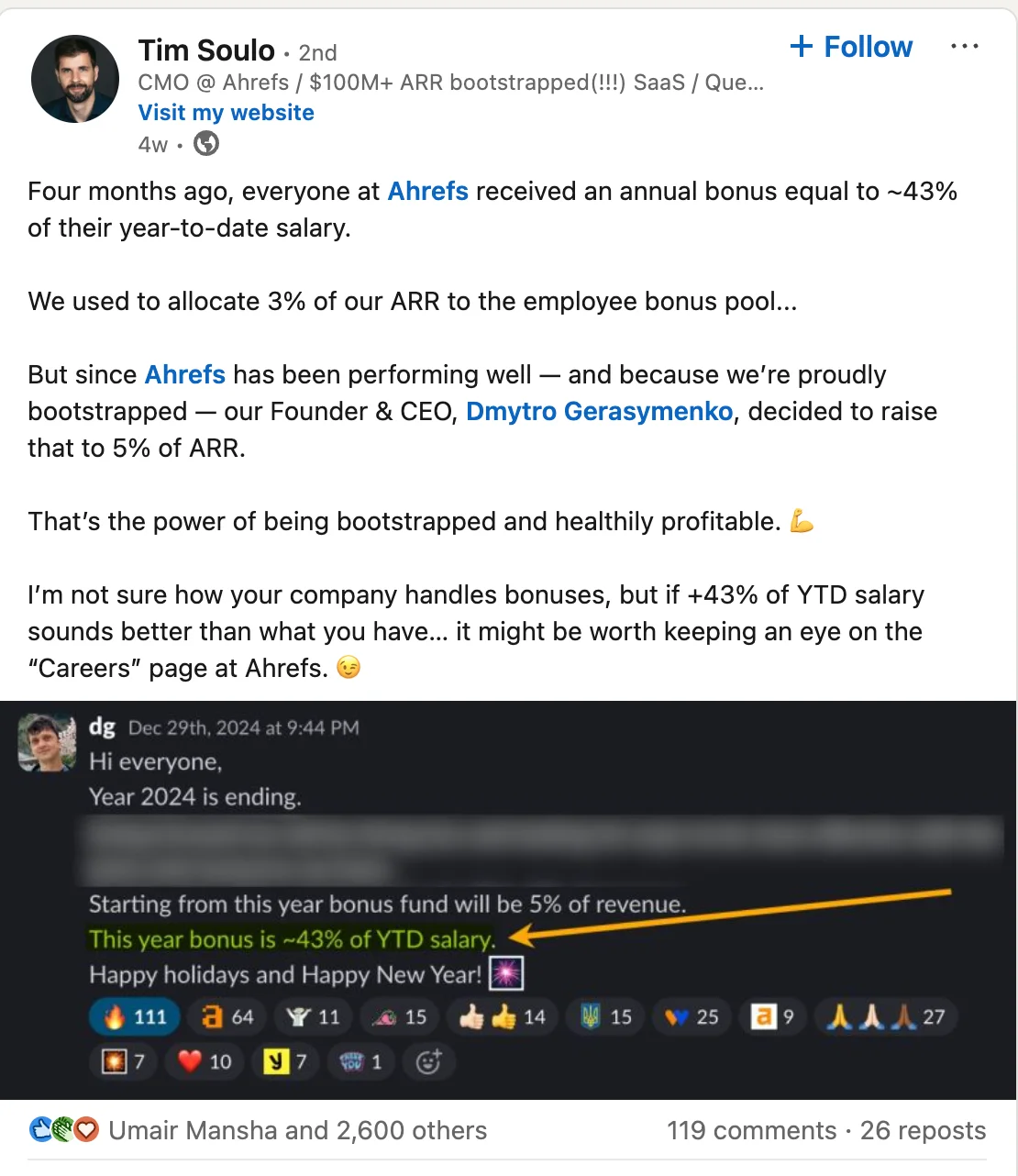 Tim Soulo shares Ahrefs bonus update: 43% of YTD salary paid to employees