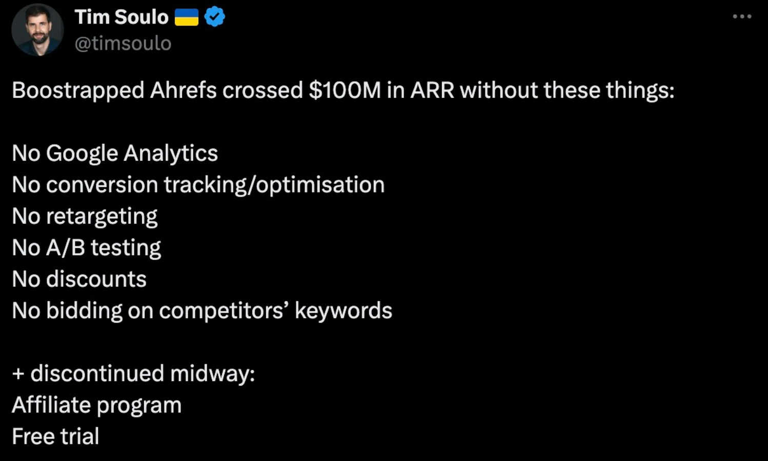 Tim Soulo's tweet concerning the anti growth hack style of ahrefs 