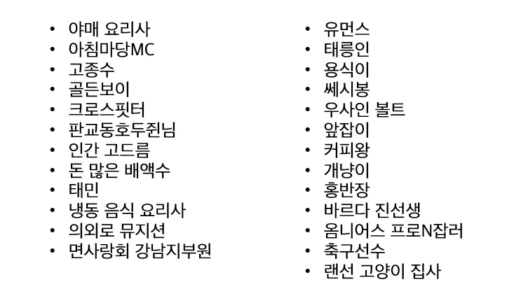 각양각색의 옴니어스 人들의 부캐 리스트