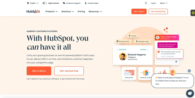 Screenshot of Hubspot's homepage