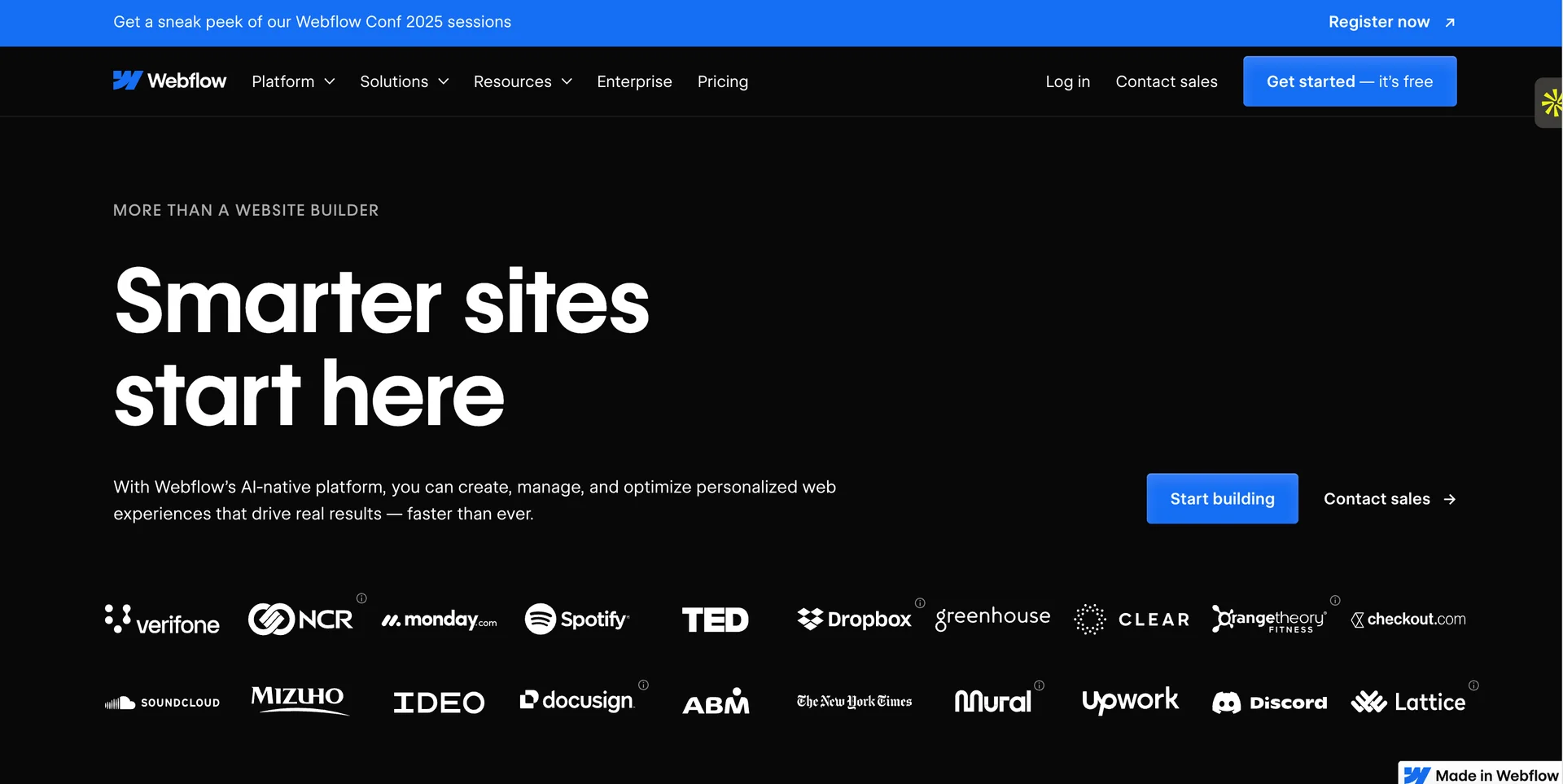 Screenshot of webflow homepage